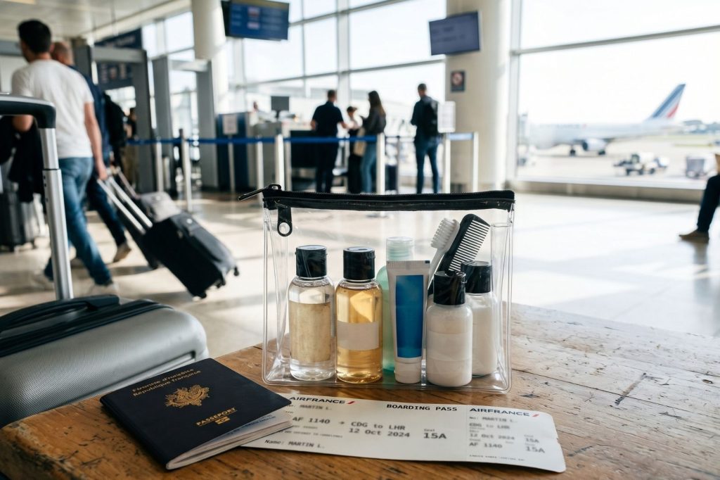 trousse de toilette en cabine en avion